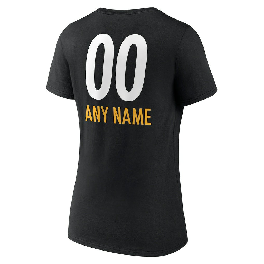 Pittsburgh Steelers Women's Personalized Name & Number Team Wordmark V-Neck T-Shirt Black