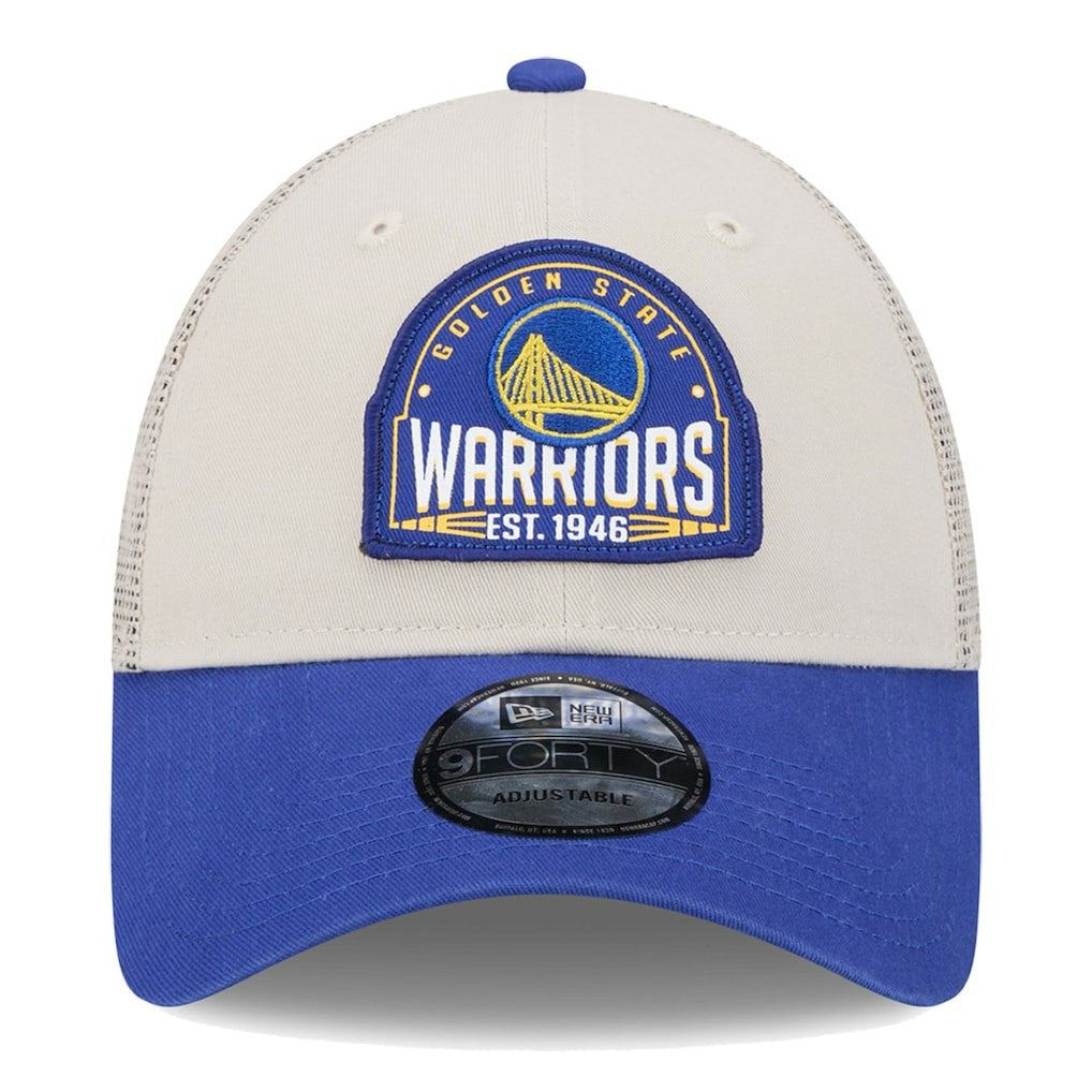 Golden State Warriors Throwback Patch Trucker 9FORTY Adjustable Hat for sale Khaki/Royal | New Era outlet