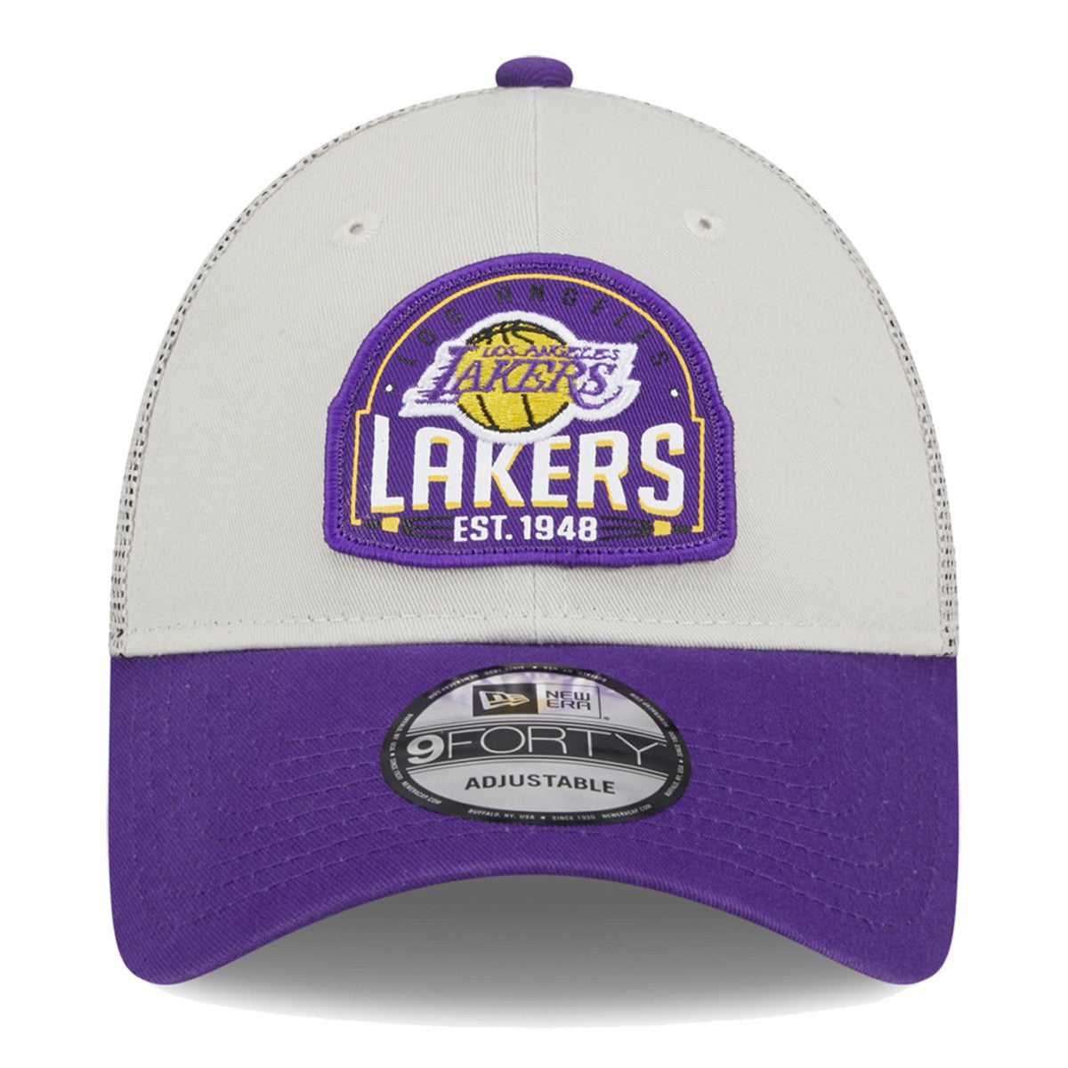 Los Angeles Lakers Throwback Patch Trucker 9FORTY Adjustable Hat Khaki/Purple | New Era for sale