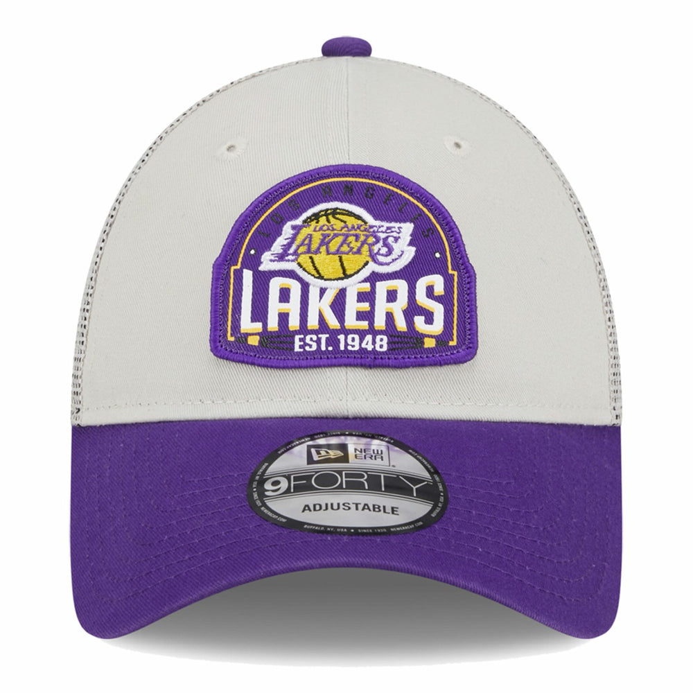 Los Angeles Lakers Throwback Patch Trucker 9FORTY Adjustable Hat Khaki/Purple | New Era for sale