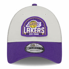 Los Angeles Lakers Throwback Patch Trucker 9FORTY Adjustable Hat Khaki/Purple | New Era for sale