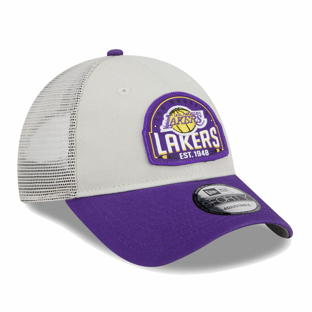 Los Angeles Lakers Throwback Patch Trucker 9FORTY Adjustable Hat Khaki/Purple | New Era for sale