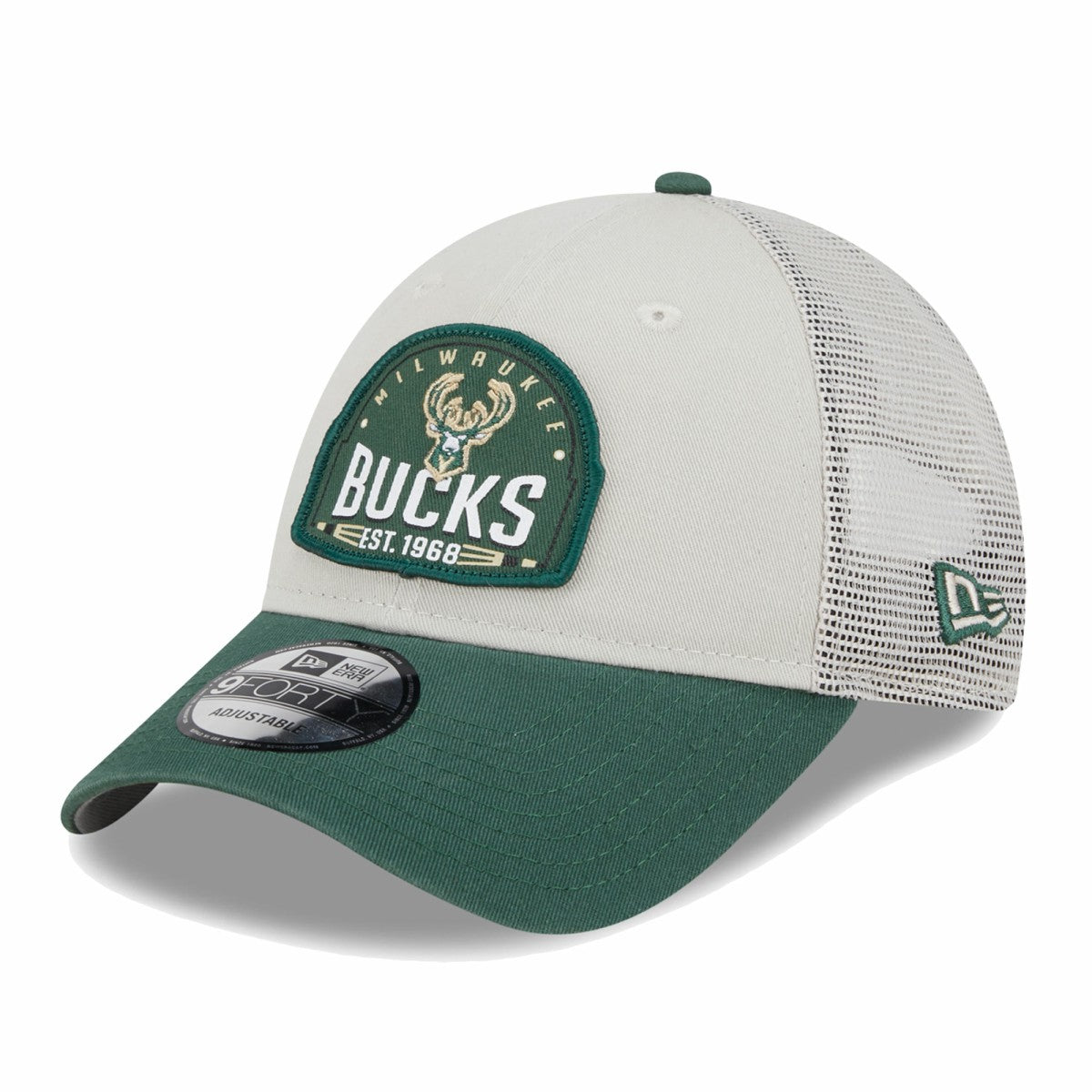 Milwaukee Bucks Throwback Patch Trucker 9FORTY Adjustable Hat Khaki/Hunter Green | New Era discount