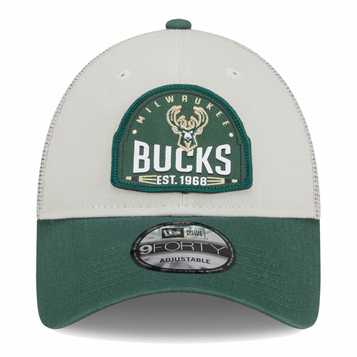 Milwaukee Bucks Throwback Patch Trucker 9FORTY Adjustable Hat Khaki/Hunter Green | New Era discount
