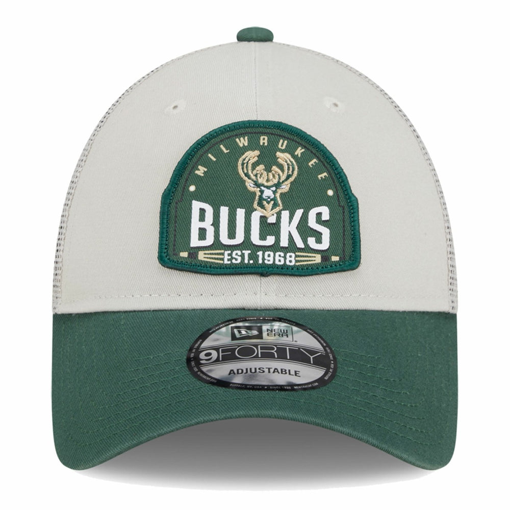 Milwaukee Bucks Throwback Patch Trucker 9FORTY Adjustable Hat Khaki/Hunter Green | New Era discount