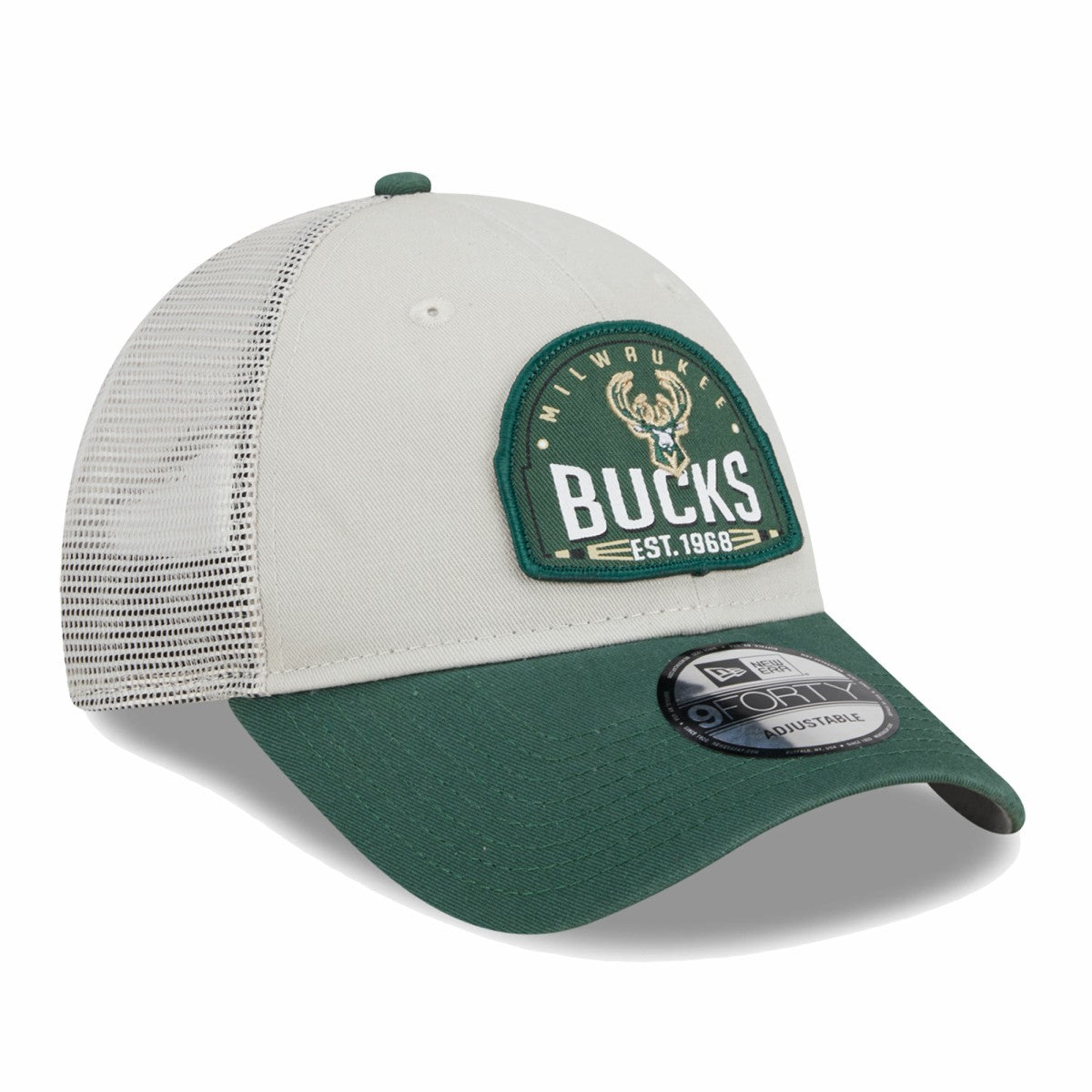 Milwaukee Bucks Throwback Patch Trucker 9FORTY Adjustable Hat Khaki/Hunter Green | New Era discount