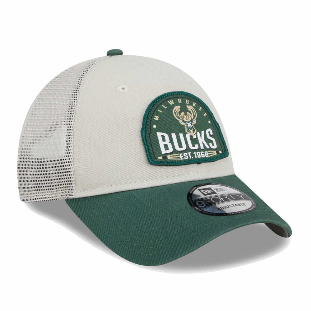 Milwaukee Bucks Throwback Patch Trucker 9FORTY Adjustable Hat Khaki/Hunter Green | New Era discount