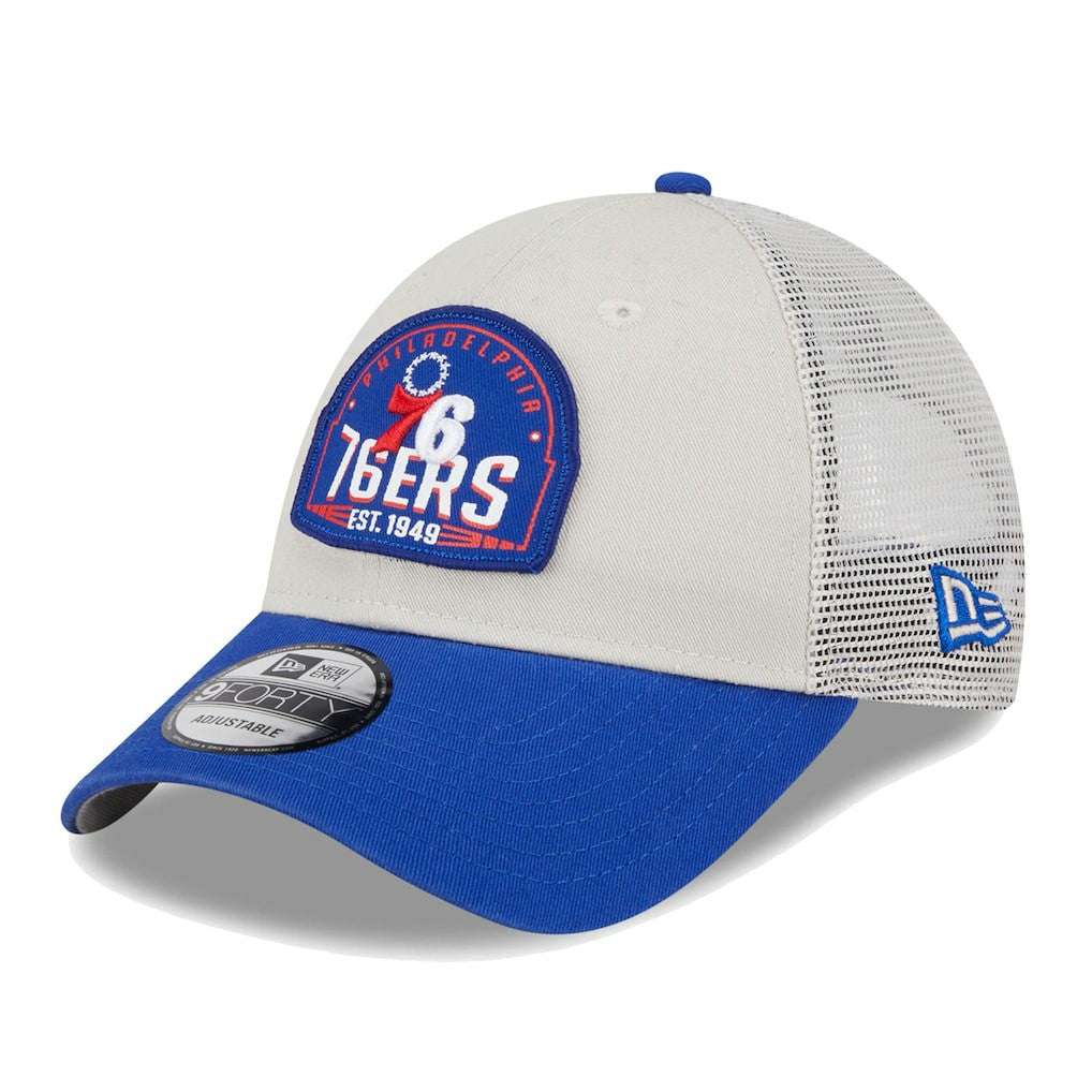 Philadelphia 76ers Throwback Patch Trucker 9FORTY Adjustable Hat Khaki/Royal | New Era online