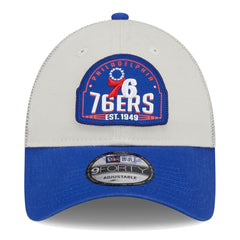 Philadelphia 76ers Throwback Patch Trucker 9FORTY Adjustable Hat Khaki/Royal | New Era online