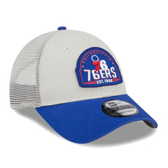 Philadelphia 76ers Throwback Patch Trucker 9FORTY Adjustable Hat Khaki/Royal | New Era online