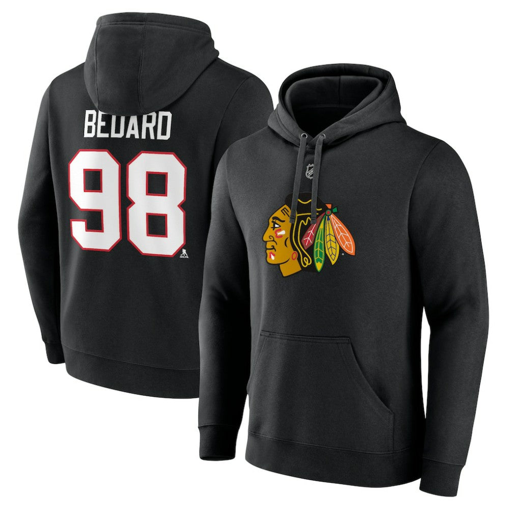 Connor Bedard Chicago Blackhawks Fanatics Authentic Stack Name & Number Tri-Blend Pullover Hoodie - Black - NHL 200398124
