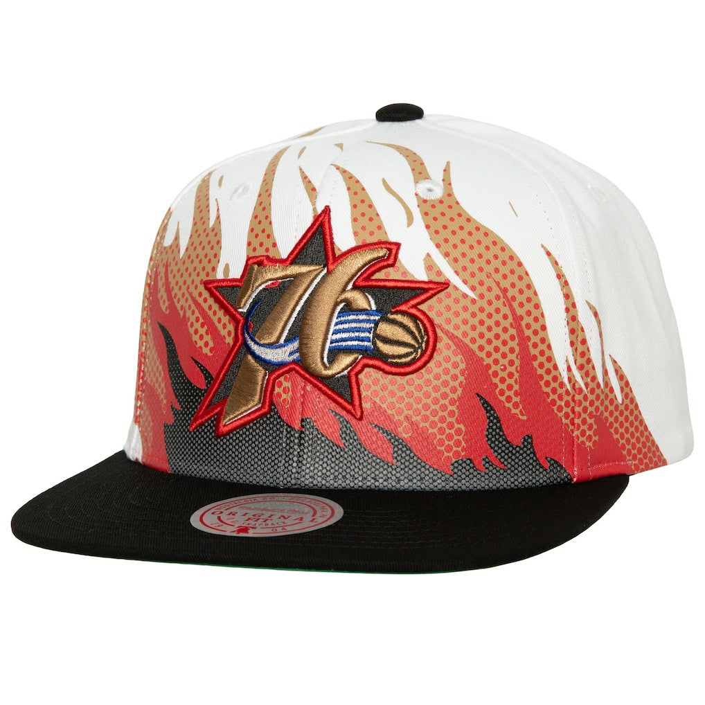 Philadelphia 76ers Hot Fire Snapback Hat White | Mitchell & Ness for sale