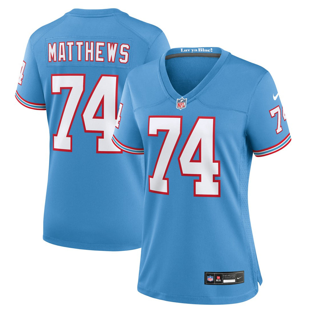 Nike Bruce Matthews Tennessee Titans Women's Oilers Throwback Retired Player Game Jersey Light Blue