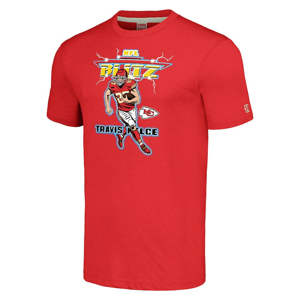 Travis Kelce Kansas City Chiefs Homage Unisex NFL Blitz Player Tri-Blend T-Shirt Heathered Red