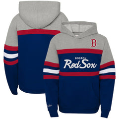 Boston Red Sox Mitchell & Ness Youth Cooperstown Collection Head Coach Pullover Hoodie - Heather Gray/Navy - Mitchell & Ness Sale