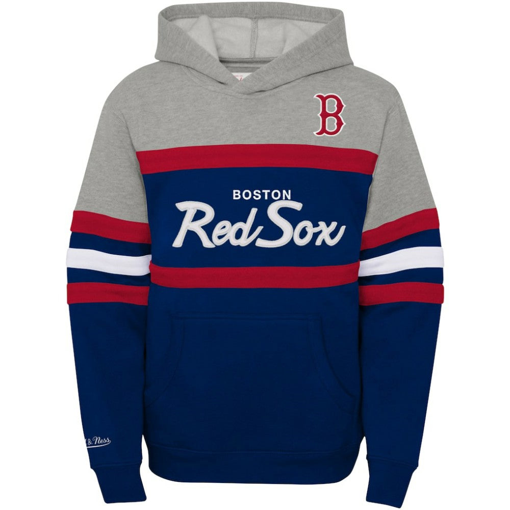 Boston Red Sox Mitchell & Ness Youth Cooperstown Collection Head Coach Pullover Hoodie - Heather Gray/Navy - Mitchell & Ness Sale