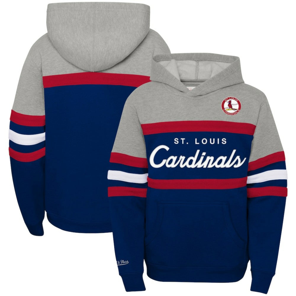 St. Louis Cardinals Mitchell & Ness Youth Cooperstown Collection Head Coach Pullover Hoodie - Heather Gray/Navy - Mitchell & Ness Online