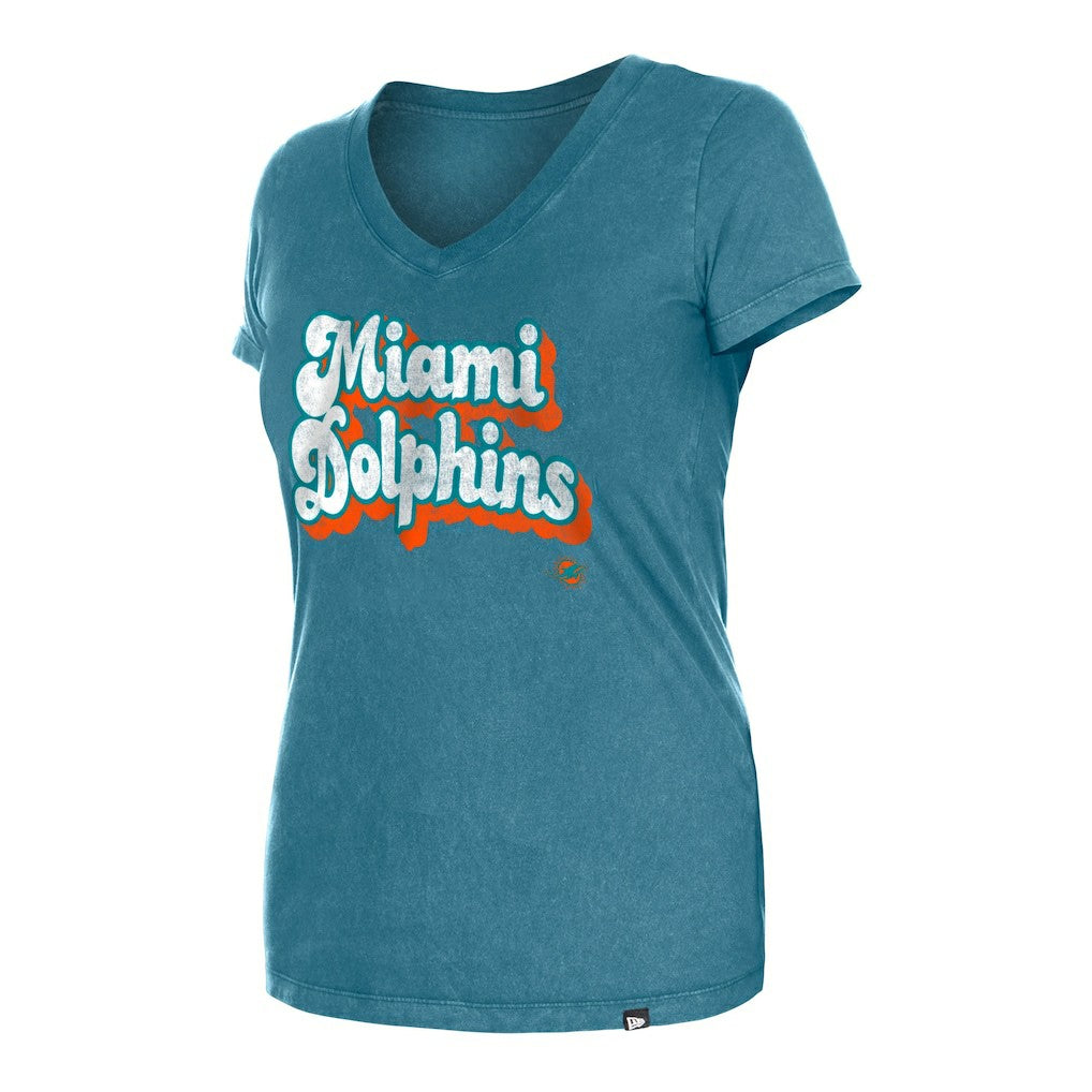 Miami Dolphins New Era Women's Enzyme Wash Low V-Neck T-Shirt Aqua