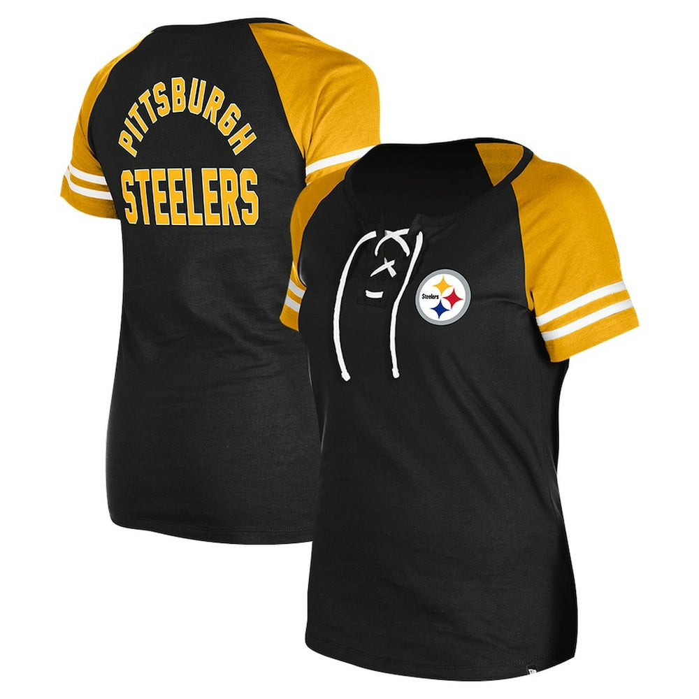 Pittsburgh Steelers New Era Women's Lace-Up Raglan T-Shirt Black