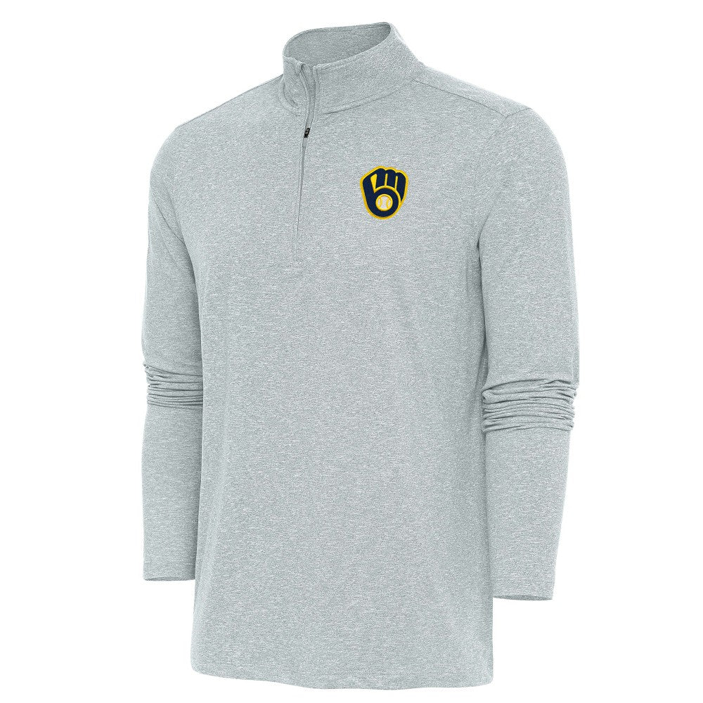 Milwaukee Brewers Antigua Hunk Quarter-Zip Pullover Top - Heather Gray - MLB Lifestyle