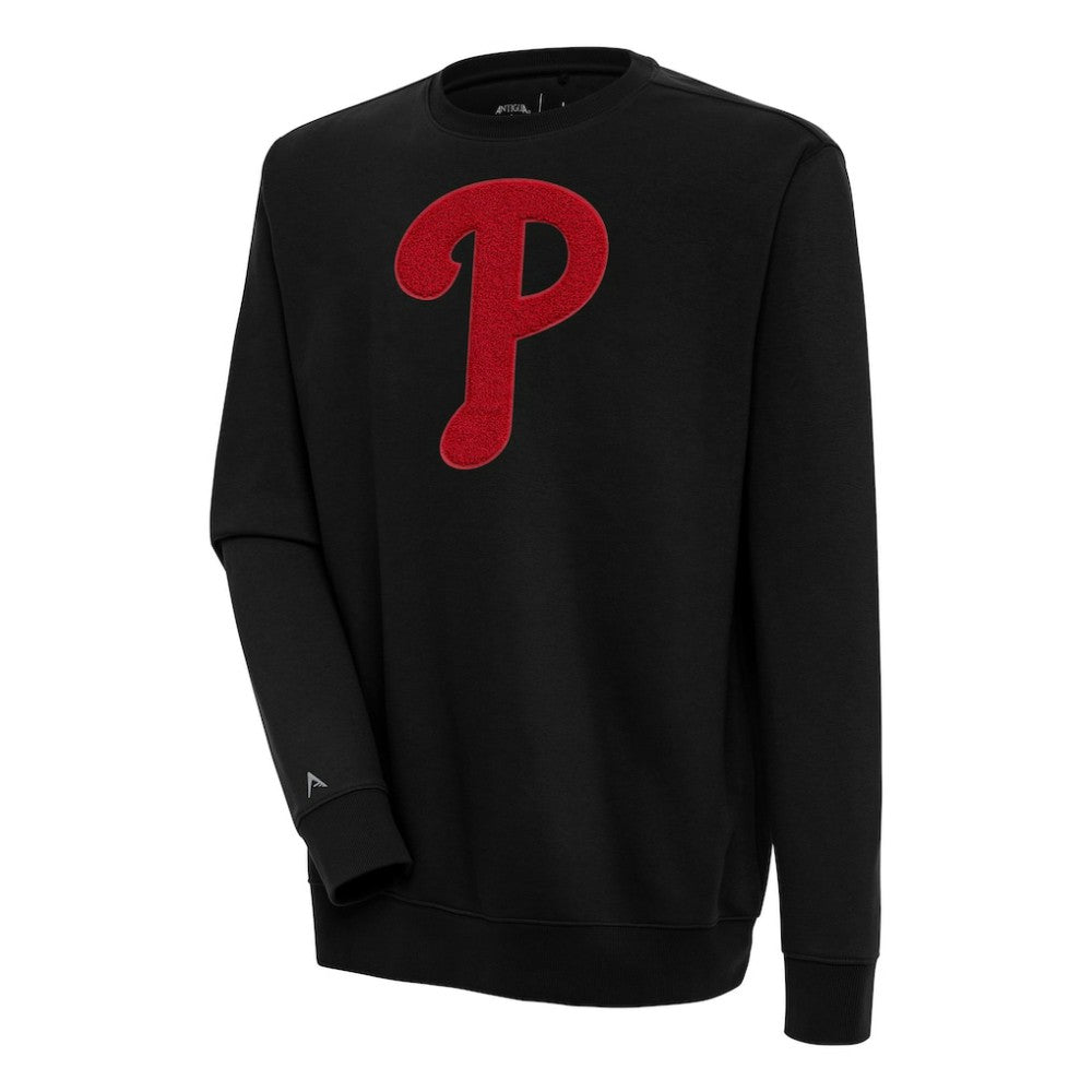 Philadelphia Phillies Antigua Victory Crewneck Chenille Pullover Sweatshirt - Black - MLB Lifestyle