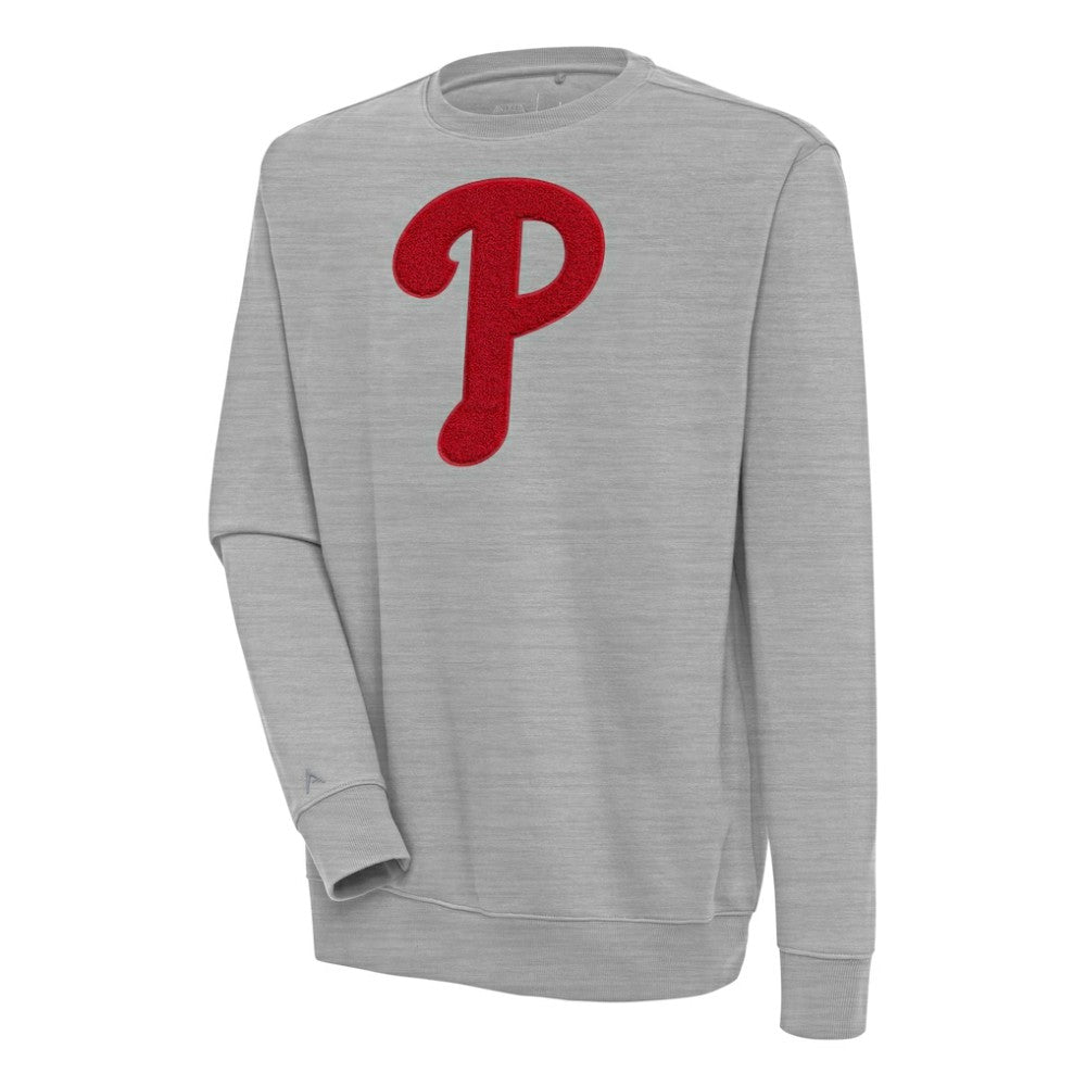 Philadelphia Phillies Antigua Victory Crewneck Chenille Pullover Sweatshirt - Heather Gray - MLB Discount
