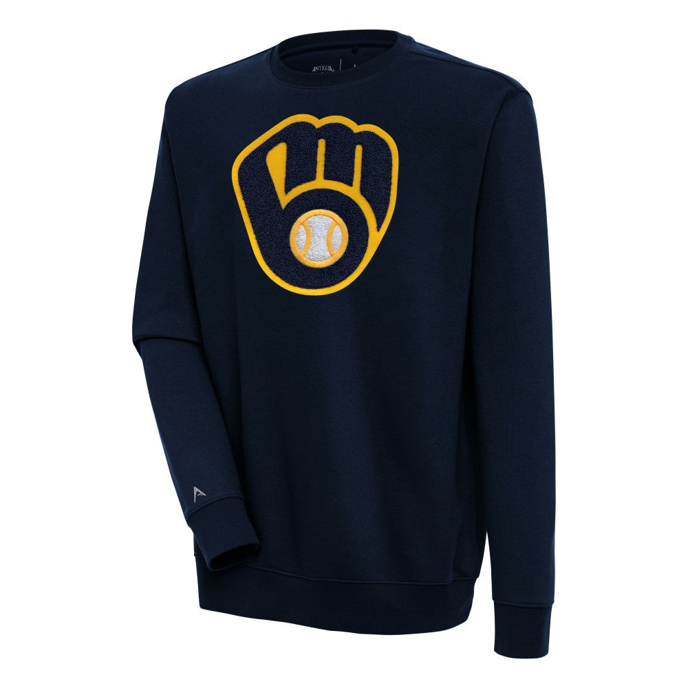 Milwaukee Brewers Antigua Victory Crewneck Chenille Pullover Sweatshirt - Navy - MLB Lifestyle