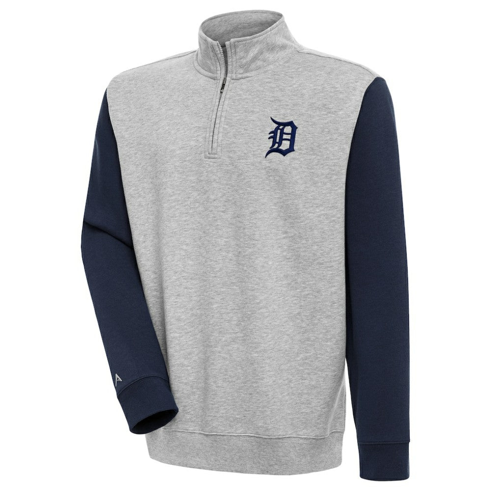 Detroit Tigers Antigua Victory Colorblock Quarter-Zip Pullover Top - Heather Gray/Navy - MLB Sale