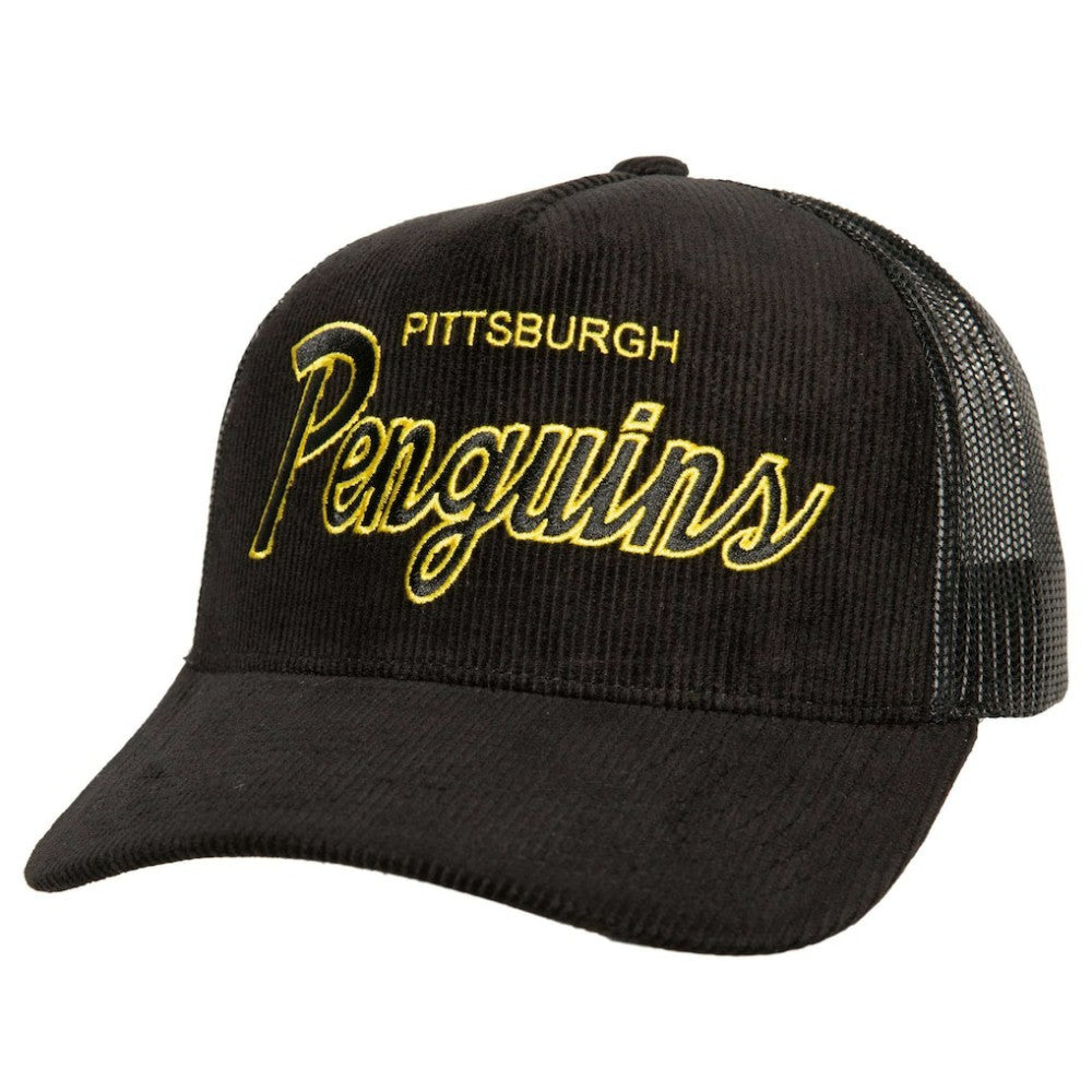 Pittsburgh Penguins Mitchell & Ness Times Up Classic Script Cord Trucker Adjustable Hat - Black - NHL 200440379