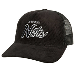 Brooklyn Nets Times Up Classic Script Cord Trucker Hat Black | Mitchell & Ness Lifestyle