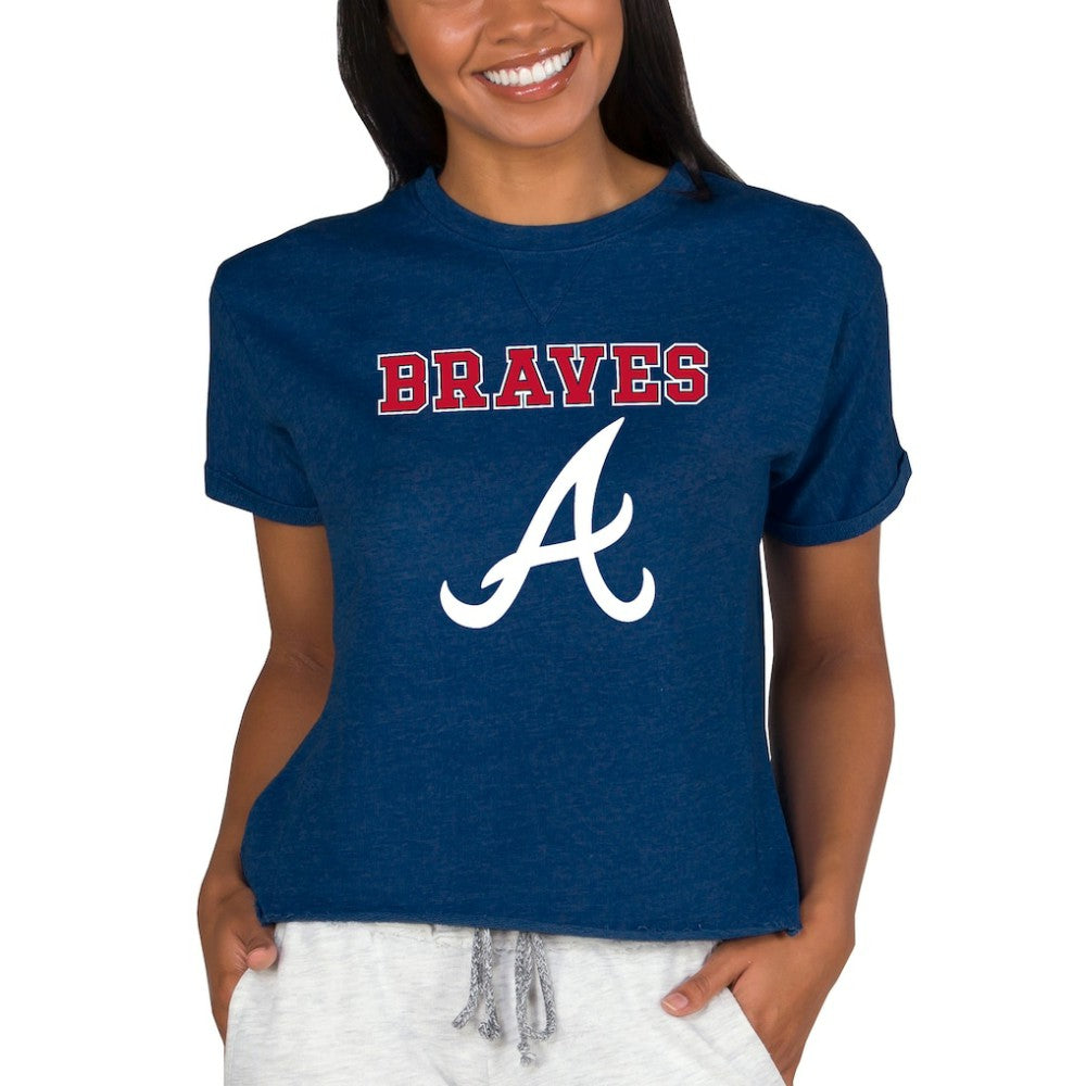 Atlanta Braves Concepts Sport Women's Tri-Blend Mainstream Terry Short Sleeve Sweatshirt Top - Navy - MLB on Sale