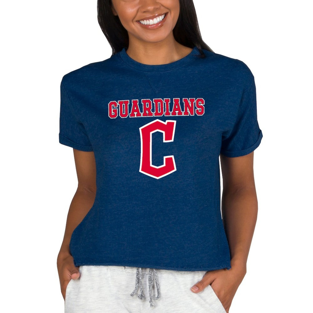 Cleveland Guardians Concepts Sport Women's Tri-Blend Mainstream Terry Short Sleeve Sweatshirt Top - Navy - MLB Lifestyle