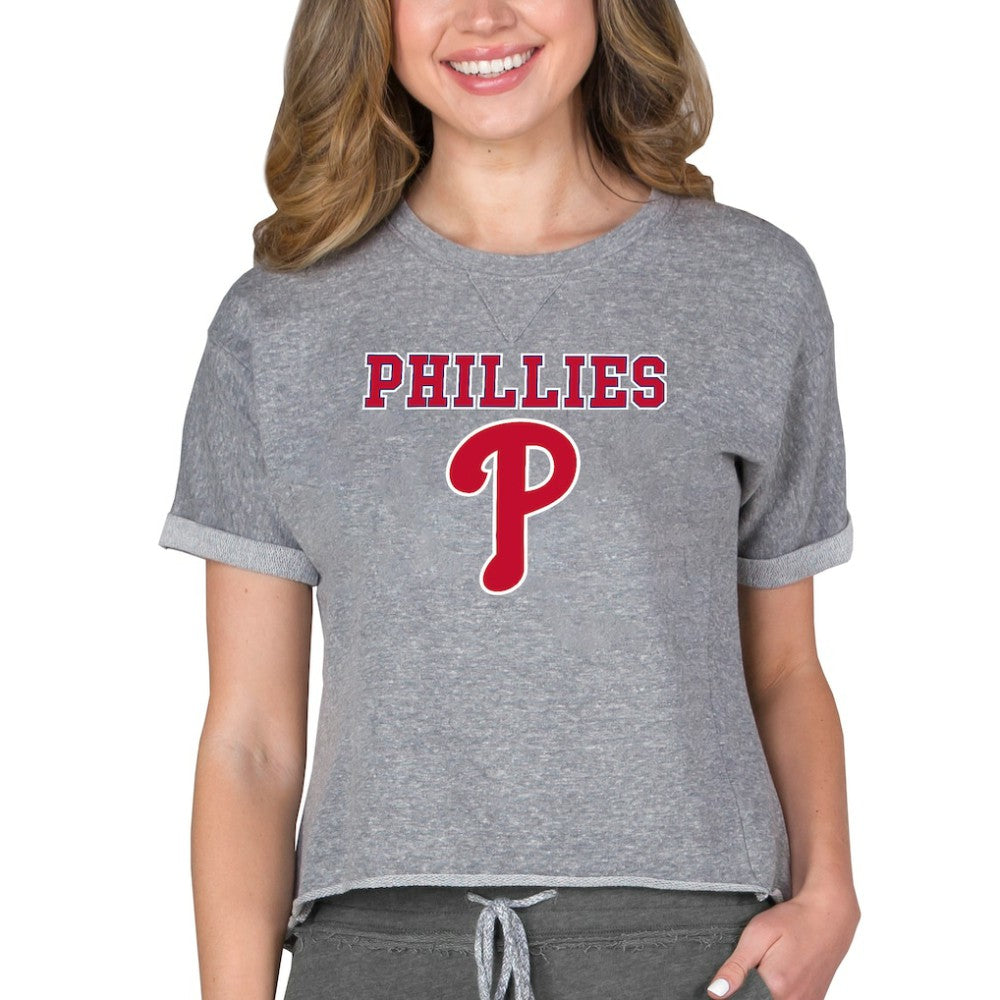 Philadelphia Phillies Concepts Sport Women's Tri-Blend Mainstream Terry Short Sleeve Sweatshirt Top - Gray - MLB Discount