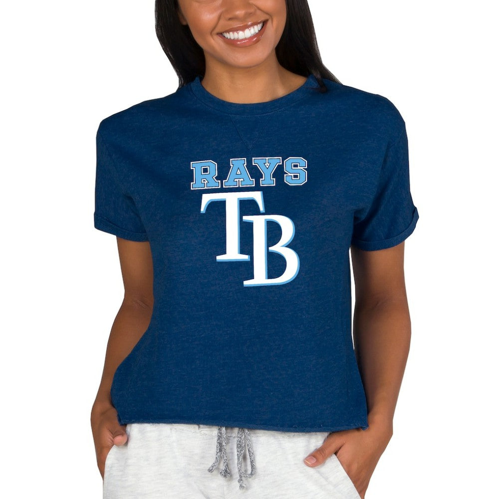 Tampa Bay Rays Concepts Sport Women's Tri-Blend Mainstream Terry Short Sleeve Sweatshirt Top - Navy - MLB Sale