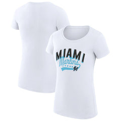 Miami Marlins G-III 4Her by Carl Banks Women's Super-Slim Fit Lightweight Filigree Team T-Shirt - White - MLB Sale