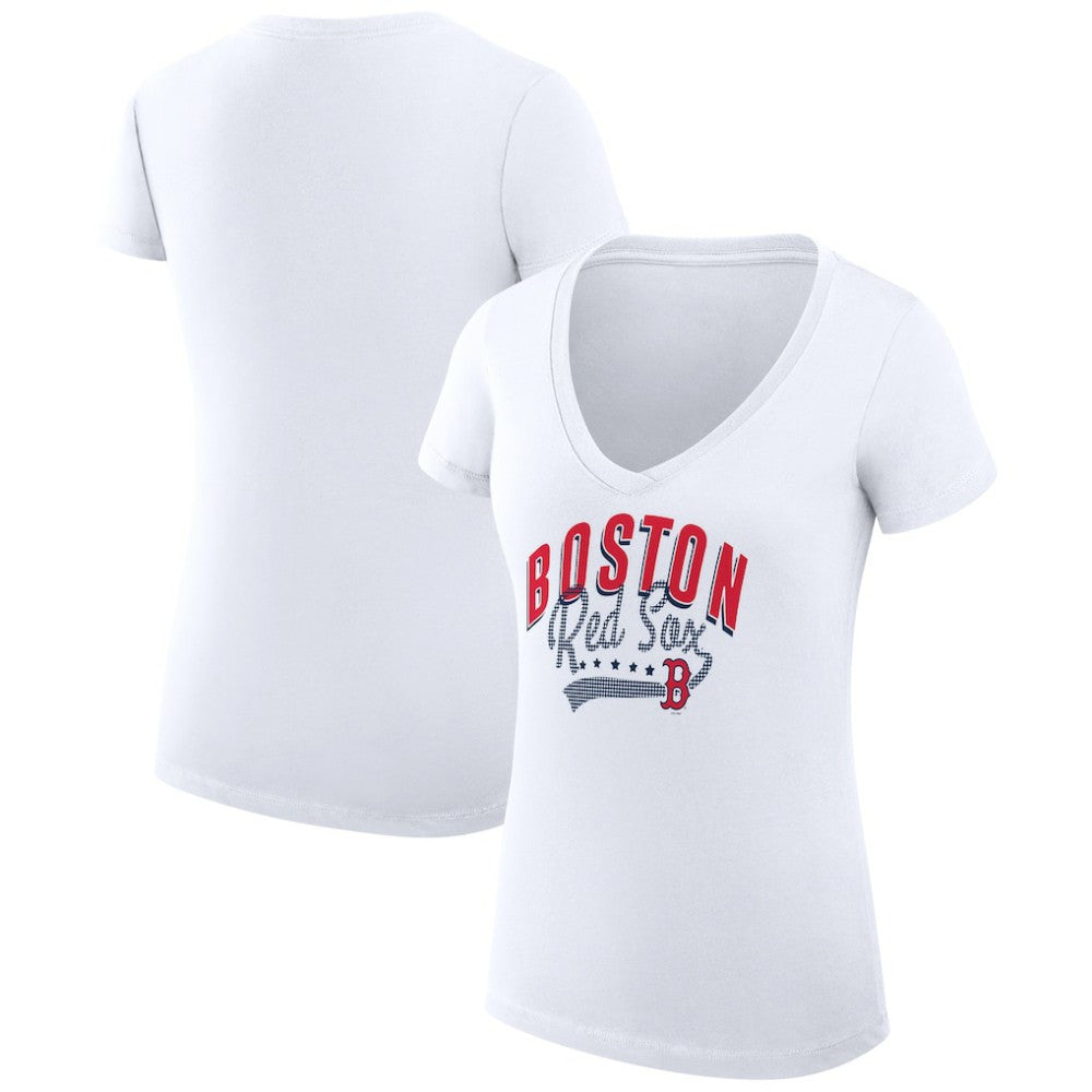 Boston Red Sox G-III 4Her by Carl Banks Women's Super-Slim Fit Lightweight Filigree Team V-Neck T-Shirt - White - MLB on Sale
