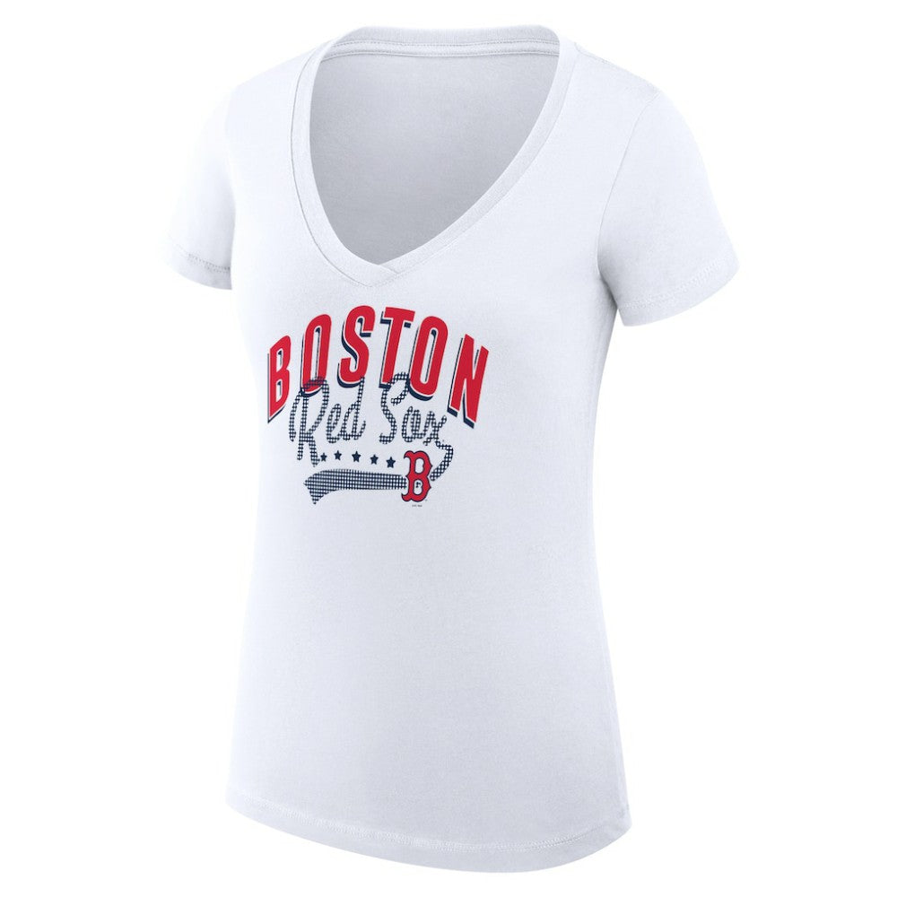 Boston Red Sox G-III 4Her by Carl Banks Women's Super-Slim Fit Lightweight Filigree Team V-Neck T-Shirt - White - MLB on Sale