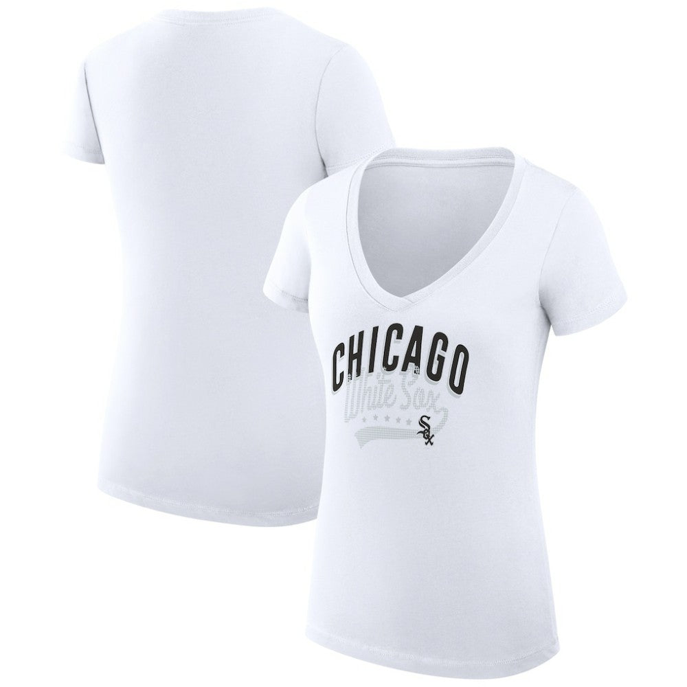 Chicago White Sox G-III 4Her by Carl Banks Women's Super-Slim Fit Lightweight Filigree Team V-Neck T-Shirt - White - MLB Lifestyle