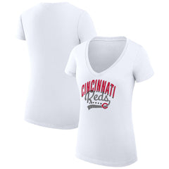 Cincinnati Reds G-III 4Her by Carl Banks Women's Super-Slim Fit Lightweight Filigree Team V-Neck T-Shirt - White - MLB Discount