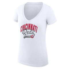 Cincinnati Reds G-III 4Her by Carl Banks Women's Super-Slim Fit Lightweight Filigree Team V-Neck T-Shirt - White - MLB Discount