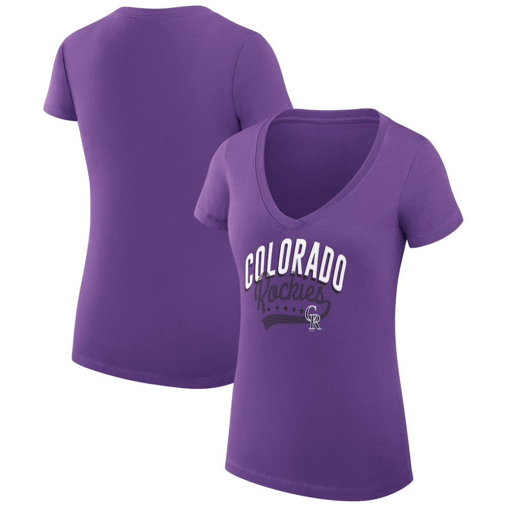 Colorado Rockies G-III 4Her by Carl Banks Women's Super-Slim Fit Lightweight Filigree Team V-Neck T-Shirt - Purple - MLB Lifestyle