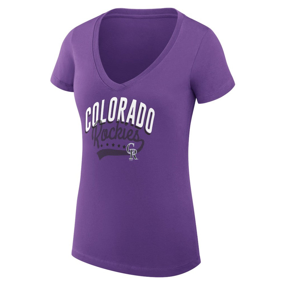Colorado Rockies G-III 4Her by Carl Banks Women's Super-Slim Fit Lightweight Filigree Team V-Neck T-Shirt - Purple - MLB Lifestyle