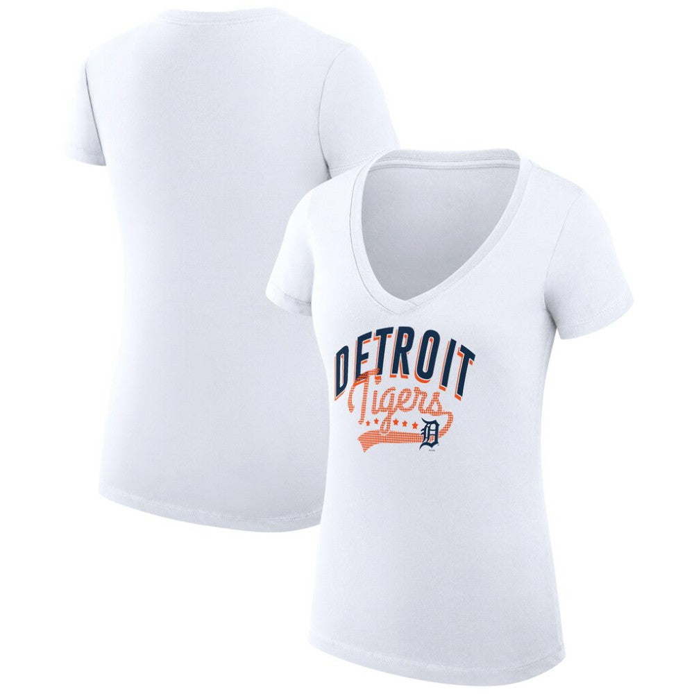 Detroit Tigers G-III 4Her by Carl Banks Women's Super-Slim Fit Lightweight Filigree Team V-Neck T-Shirt - White - MLB Lifestyle