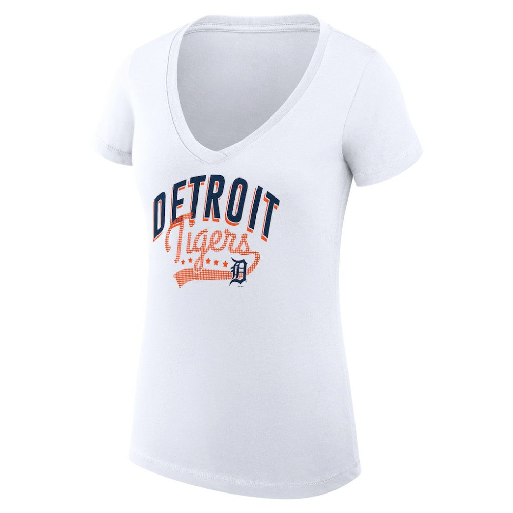 Detroit Tigers G-III 4Her by Carl Banks Women's Super-Slim Fit Lightweight Filigree Team V-Neck T-Shirt - White - MLB Lifestyle