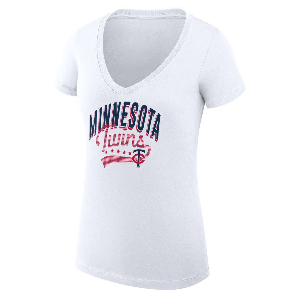 Minnesota Twins G-III 4Her by Carl Banks Women's Super-Slim Fit Lightweight Filigree Team V-Neck T-Shirt - White - MLB Discount