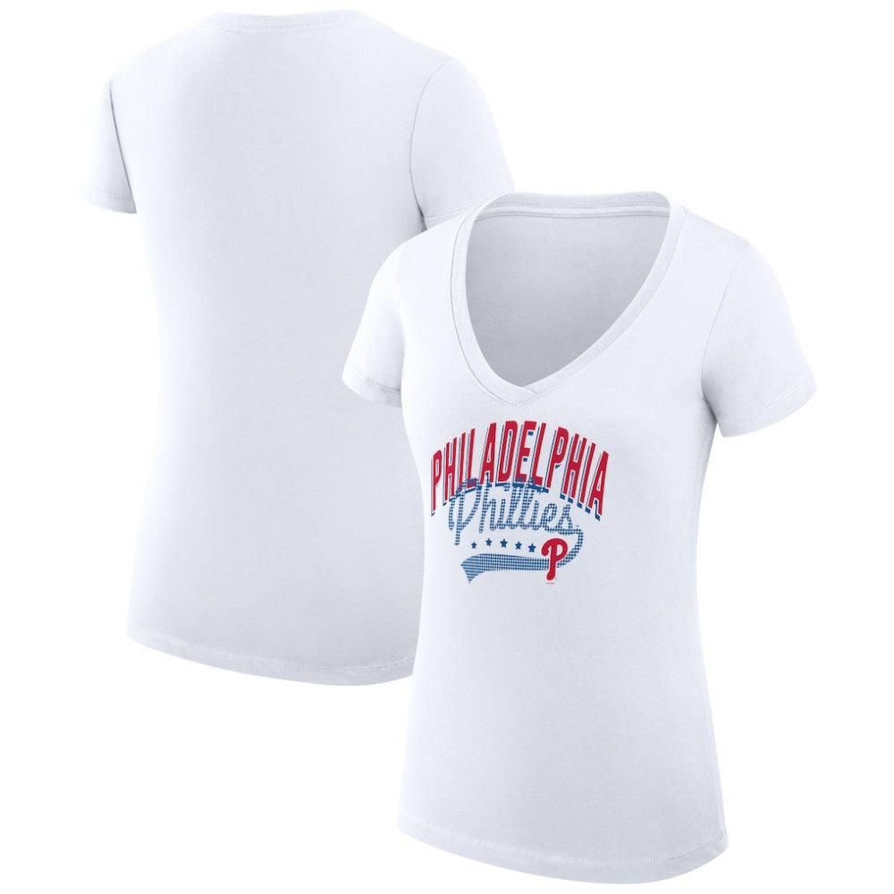Philadelphia Phillies G-III 4Her by Carl Banks Women's Super-Slim Fit Lightweight Filigree Team V-Neck T-Shirt - White - MLB Lifestyle