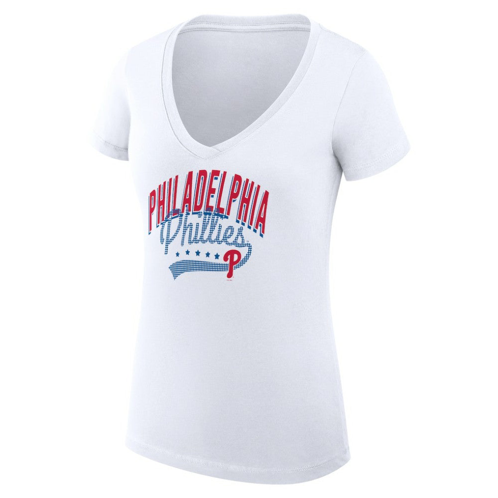 Philadelphia Phillies G-III 4Her by Carl Banks Women's Super-Slim Fit Lightweight Filigree Team V-Neck T-Shirt - White - MLB Lifestyle