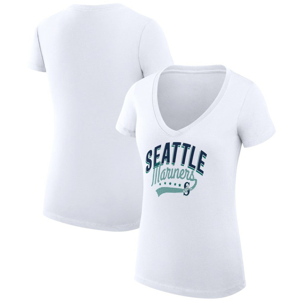 Seattle Mariners G-III 4Her by Carl Banks Women's Super-Slim Fit Lightweight Filigree Team V-Neck T-Shirt - White - MLB Lifestyle