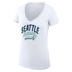 Seattle Mariners G-III 4Her by Carl Banks Women's Super-Slim Fit Lightweight Filigree Team V-Neck T-Shirt - White - MLB Lifestyle