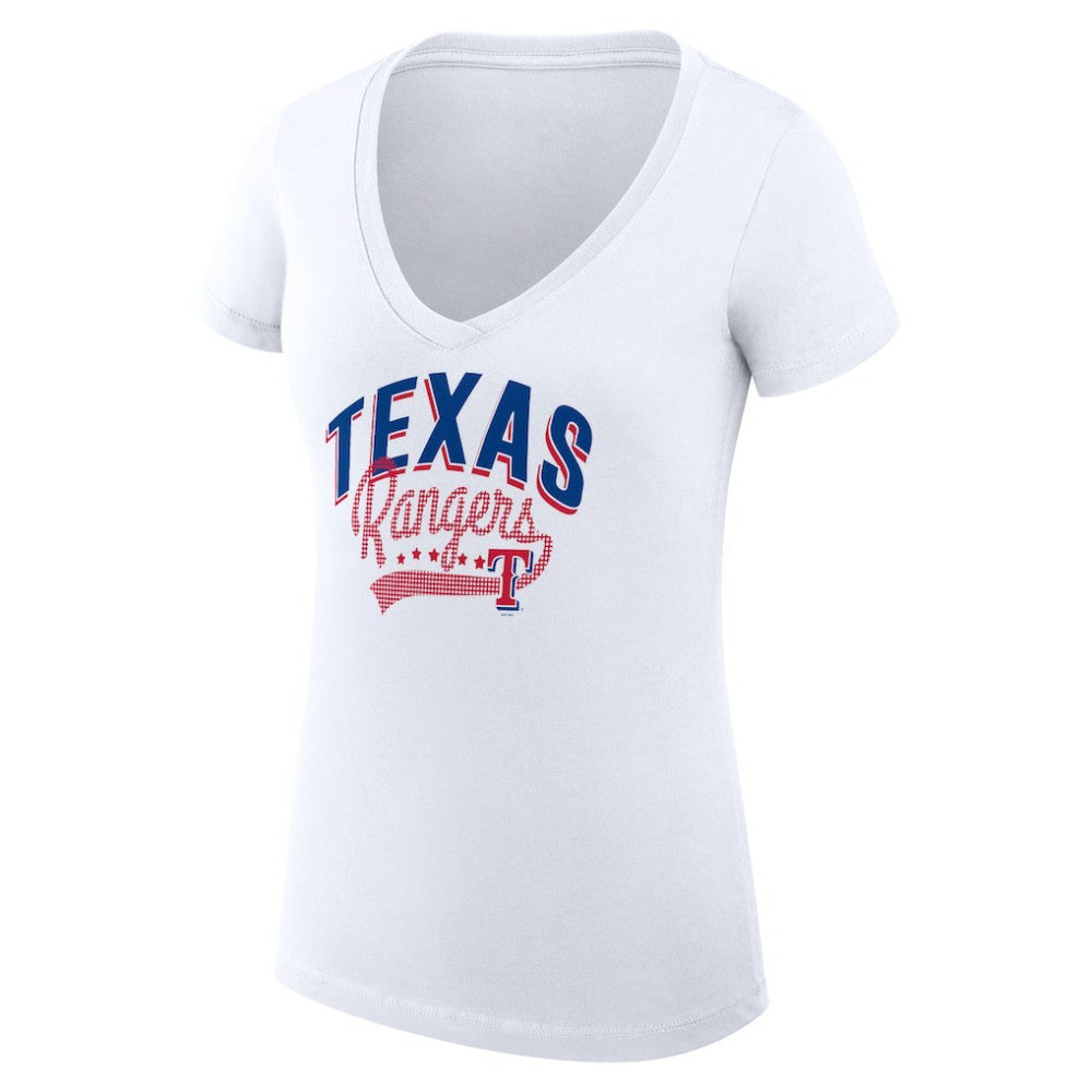 Texas Rangers G-III 4Her by Carl Banks Women's Super-Slim Fit Lightweight Filigree Team V-Neck T-Shirt - White - MLB Discount
